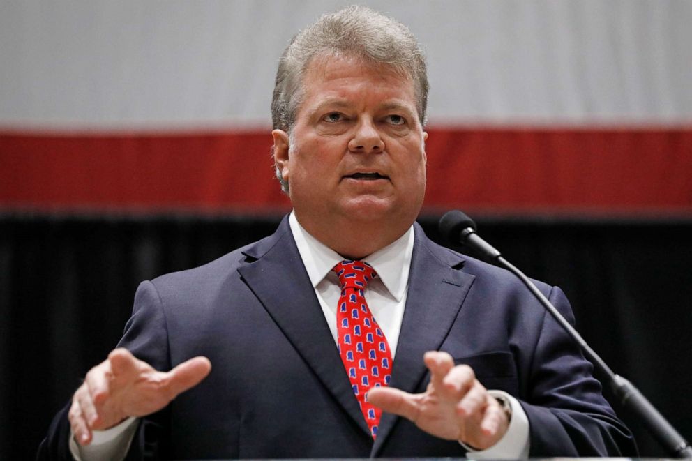 PHOTO: Democratic nominee for governor, Mississippi's Attorney General Jim Hood, addresses business leaders at the Mississippi Economic Council's annual "Hobnob Mississippi," in Jackson, Miss., Oct. 31, 2019.