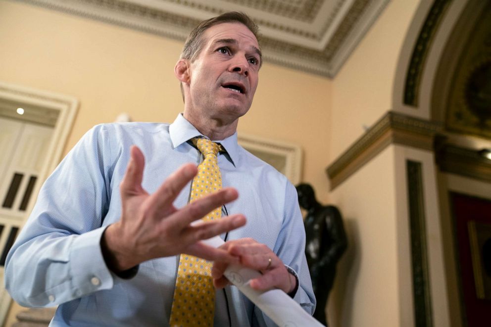 PHOTO: Rep. Rep. Jim Jordan, the top Republican on the Democrat-controlled House Oversight and Reform Committee, talks to reporters at the Capitol in Washington, March 25, 2019.