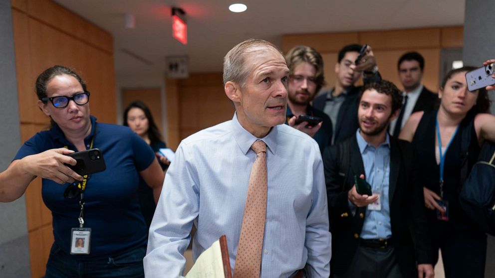 PHOTO: House Judiciary Committee Chair Jim Jordan arrives to a meeting of the House Oversight Committee, in Washington, D.C., on July 31, 2023.