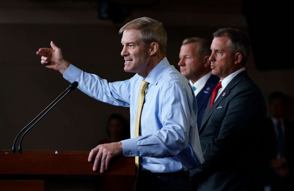 Rep. Jim Jordan, R-Ohio, joined from left by Rep. Troy Nehls, R-Texas, and Rep. Kelly Armstrong, R-N.D., speaks at a news conference at the Capitol in Washington, on July 21, 2021. 