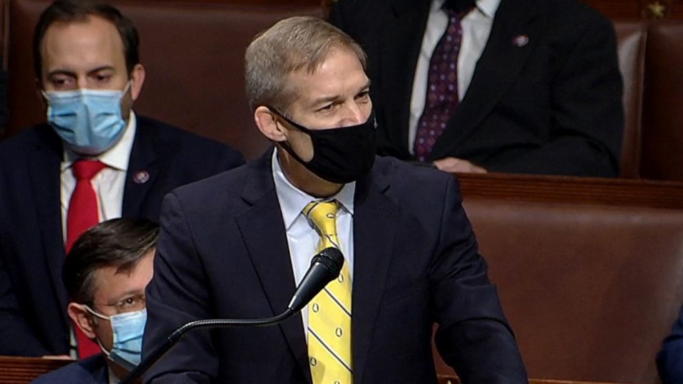PHOTO: Republican Rep. Jim Jordan speaks during a House debate session called to ratify the 2020 presidential election at the U.S. Capitol on Jan. 6, 2021 in Washington.
