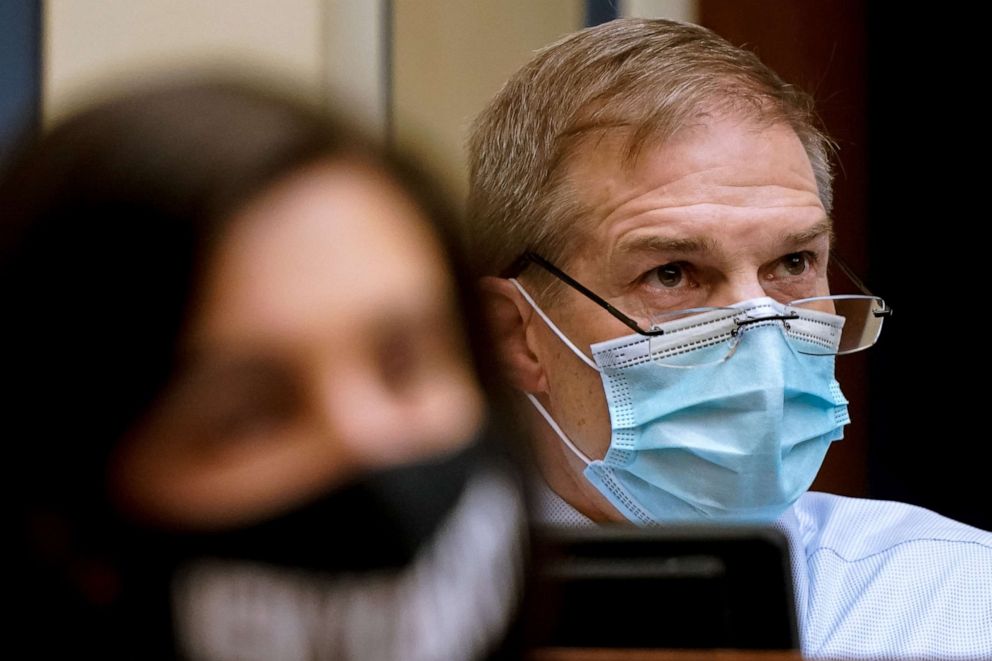 PHOTO: Rep. Jim Jordan attends a House Select Subcommittee on the Coronavirus Crisis hearing on April 15, 2021 on Capitol Hill in Washington, D.C. The committee is hearing testimony on the Biden administration's ongoing efforts to combat COVID-19. 