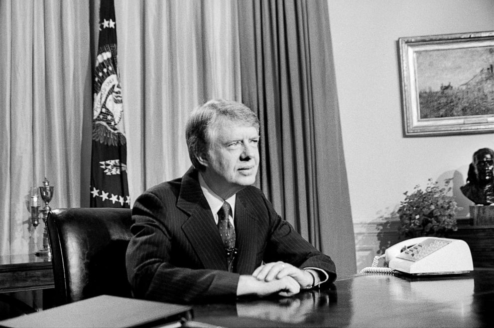 PHOTO: President Jimmy Carter in Oval Office during TV Speech, April 18, 1977.