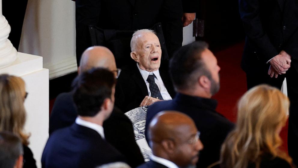 PHOTO: Former U.S. President Jimmy Carter attends a tribute service for his wife former first lady Rosalynn Carter, at Glenn Memorial Church in Atlanta on Nov. 28, 2023. 