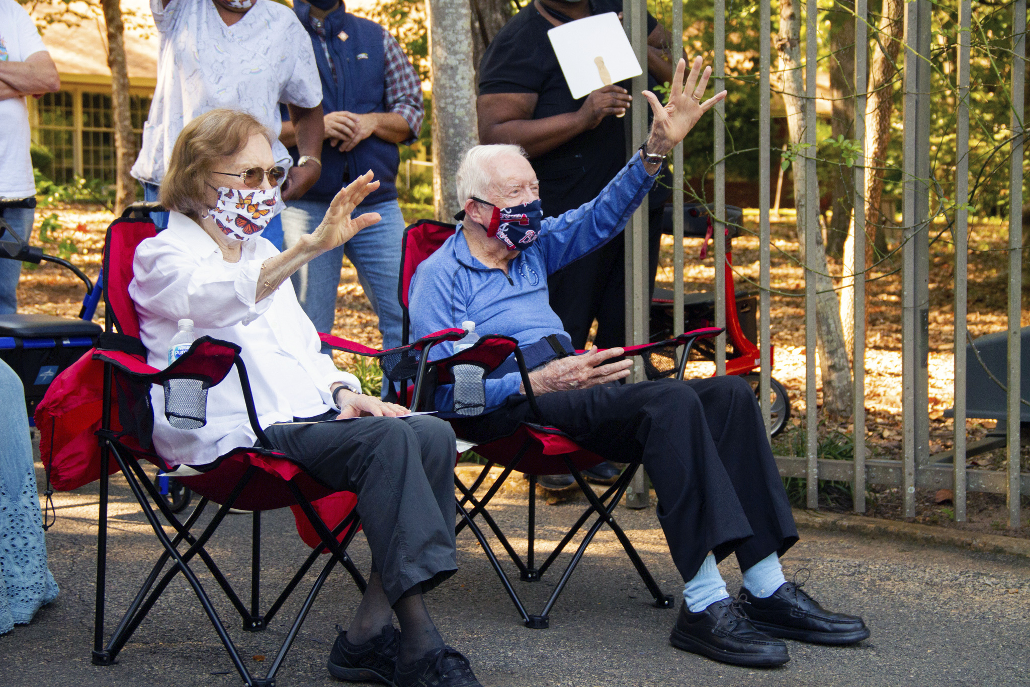 PHOTO: This photo provided by The Carter Center shows former President Jimmy Carter and former first lady Rosalynn Carter, Thursday, Oct. 1, 2020 in Plains, Ga., celebrating his 96th birthday.