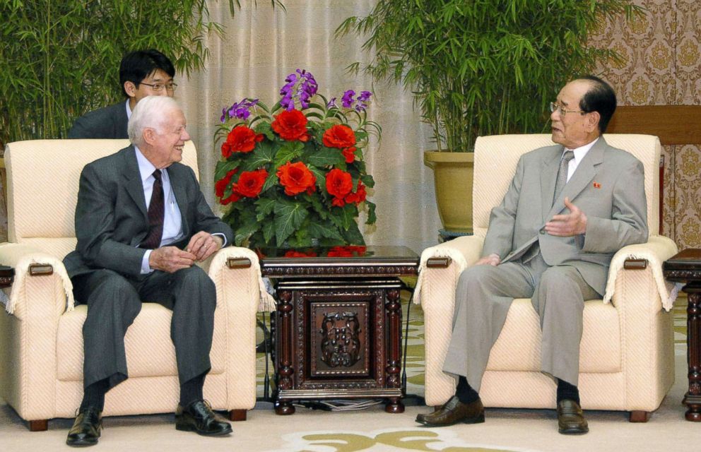 PHOTO: Former U.S. President Jimmy Carter, left, meets North Korea's No. 2 Kim Yong Nam at Mansudae Assembly Hall in Pyongyang, North Korea on Aug. 25, 2010.