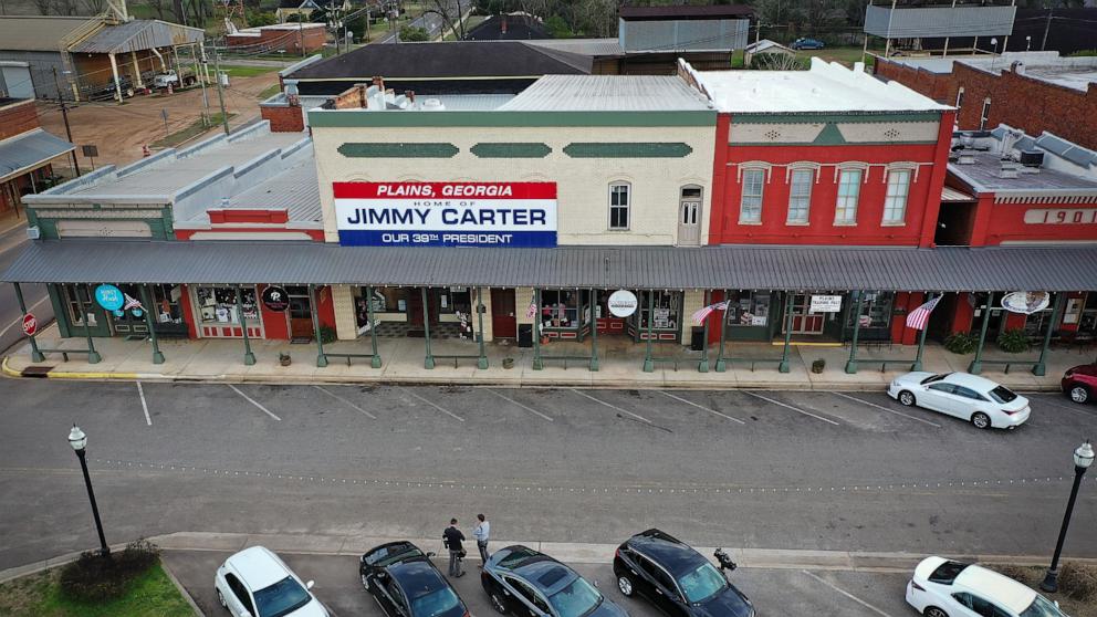 PHOTO: In an aerial view, the hometown of former U.S. President Jimmy Carter is shown on Feb. 21, 2023 in Plains, Ga.