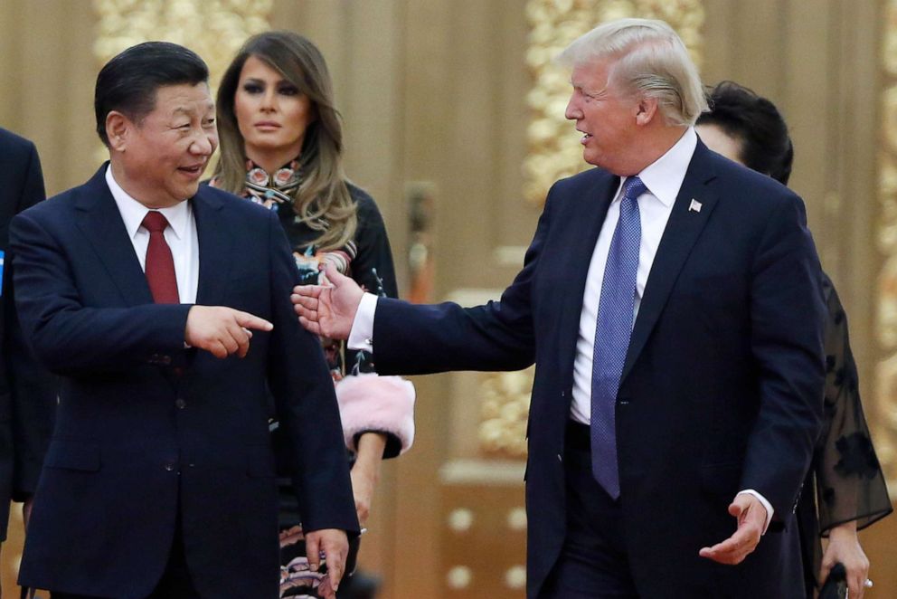 PHOTO: President Donald Trump and China's President Xi Jinping arrive for a state dinner at the Great Hall of the People, Nov.9, 2017, in Beijing.