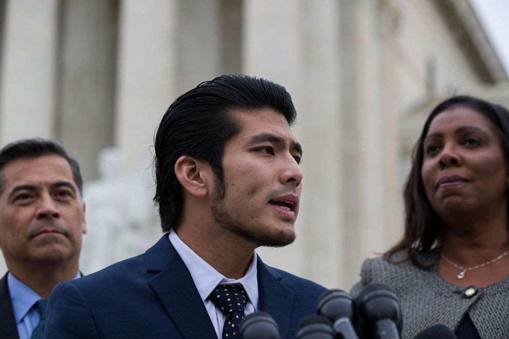 PHOTO: In this Nov. 12, 2019, file photo, DACA recipient Jirayut Latthivongskorn, center, speaks after oral arguments were heard in the case of President Trump's decision to end the DACA program, at the Supreme Court in Washington.