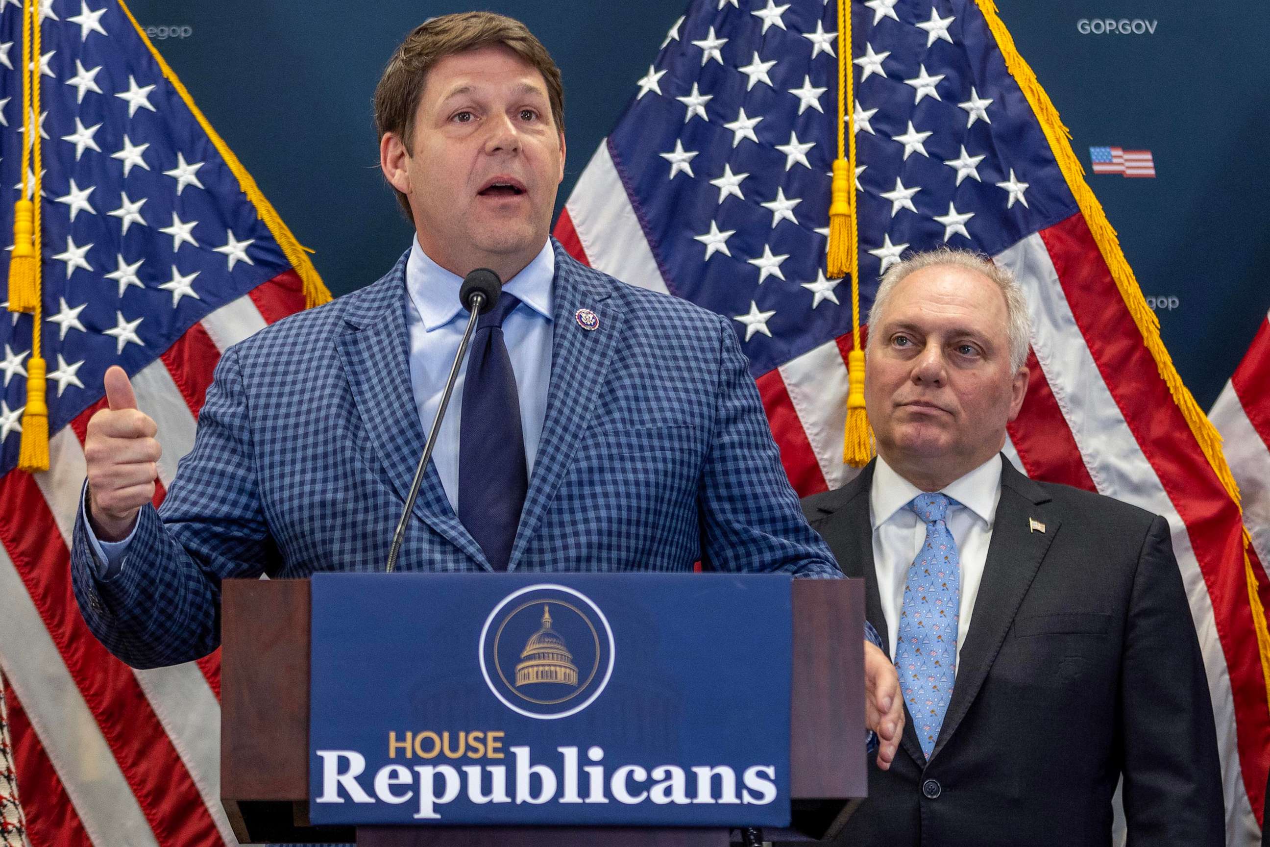 PHOTO: In this April 26, 2023, Rep. Jodey Arrington speaks as House Majority Leader Steve Scalise listens on during a press conference in Washington, D.C.