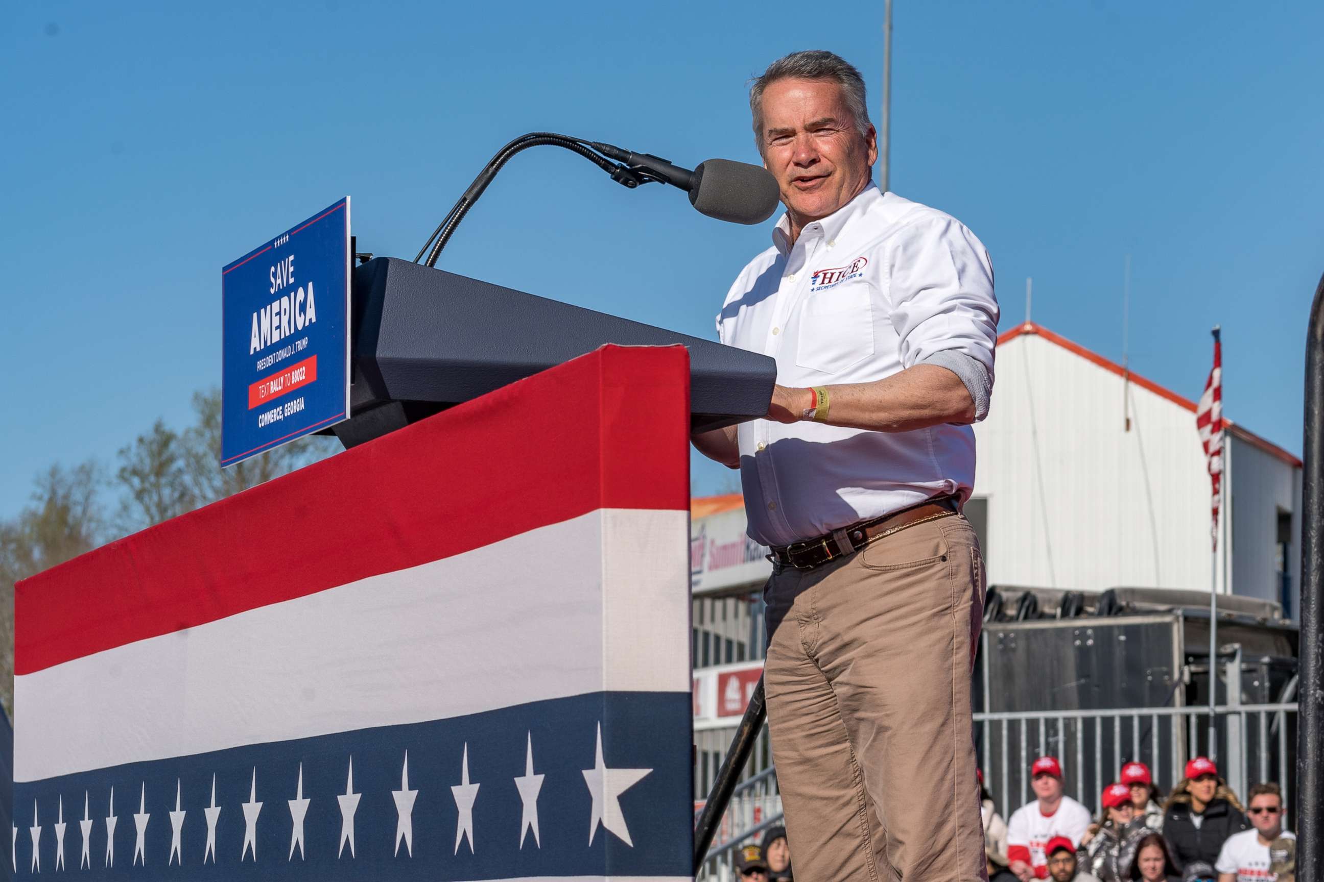 PHOTO: Rep. Jody Hice speaks to supporters of former President Donald Trump at a rally at the Banks County Dragway, March 26, 2022, in Commerce, Ga. 