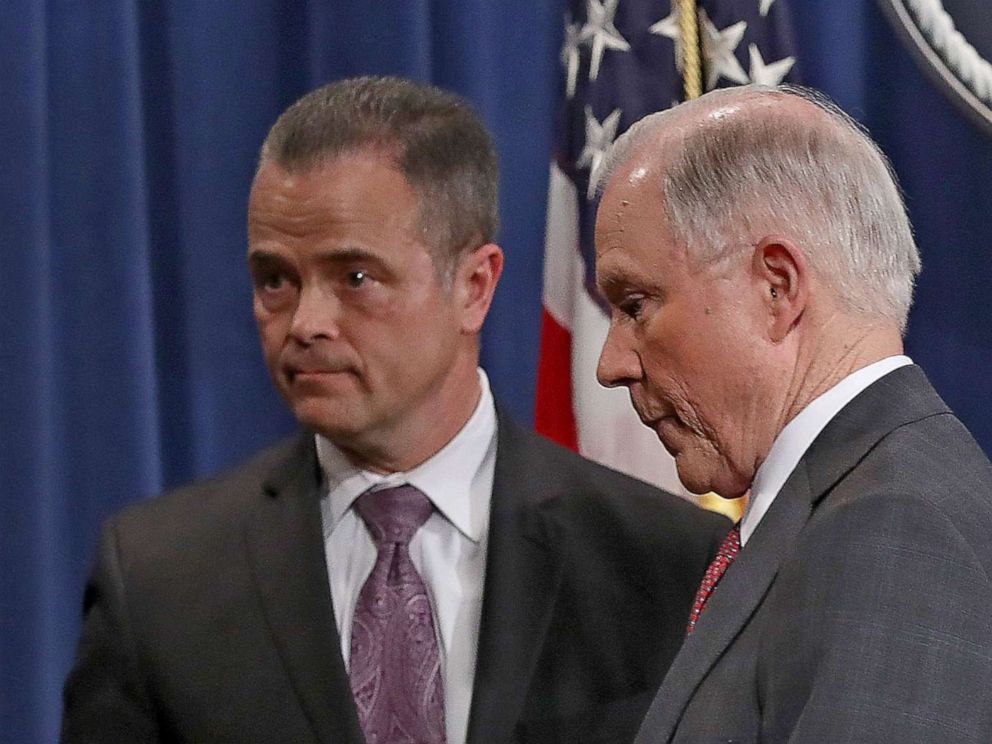 PHOTO:  Attorney General Jeff Sessions departs with chief of staff Jody Hunt following a press conference at the Department of Justice on March 2, 2017 in Washington, D.C.