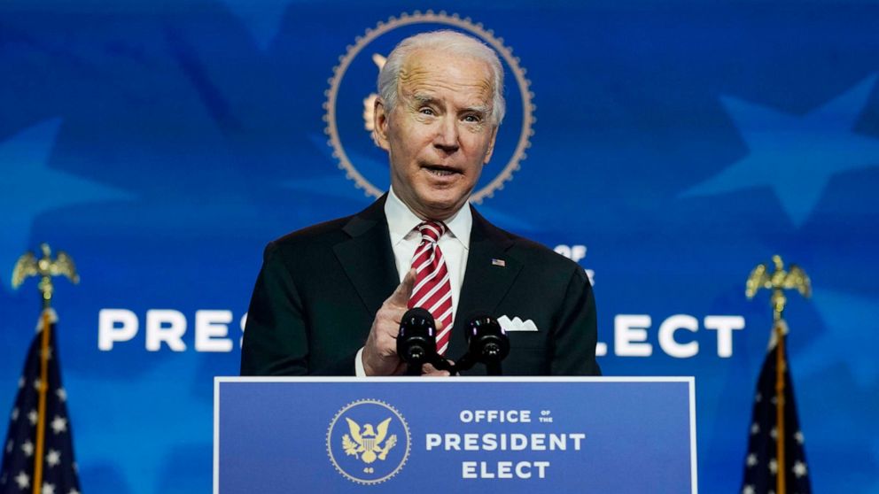 PHOTO: President-elect Joe Biden introduces his nominee for Secretary of Education, Miguel Cardona, at The Queen Theater in Wilmington, Del., Dec. 23, 2020.