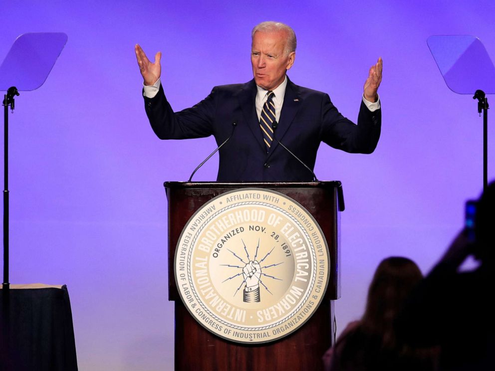 PHOTO: Former Vice President Joe Biden speaks at the IBEW Construction and Maintenance Conference in Washington, April 5, 2019.