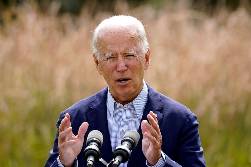 PHOTO: In this Sept. 14, 2020 file photo, Democratic presidential candidate and former Vice President Joe Biden speaks about climate change and wildfires affecting western states in Wilmington, Del.