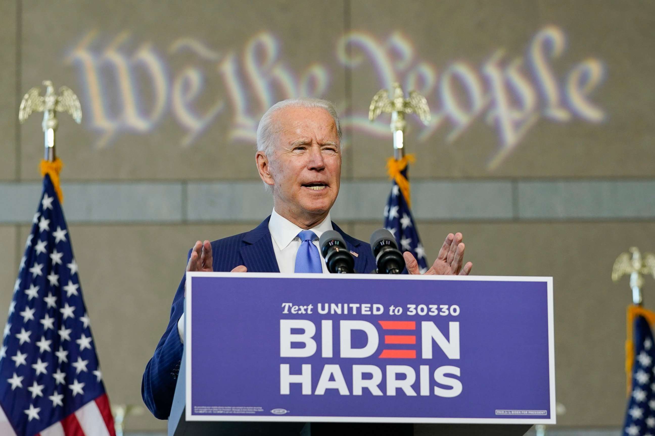 PHOTO: Democratic presidential candidate and former Vice President Joe Biden speaks at the Constitution Center in Philadelphia, Sept. 20, 2020, about the Supreme Court.