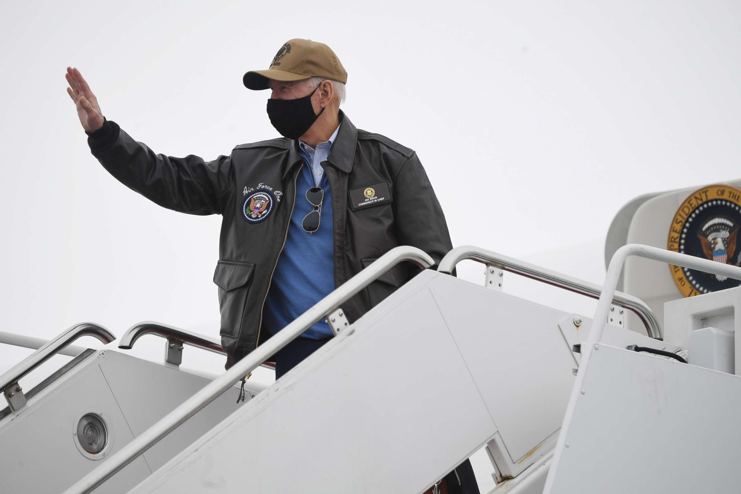 PHOTO: President Joe Biden boards Air Force One prior to departure from Hagerstown Regional Airport in Hagerstown, Md., Feb. 15, 2021, as he returns to Washington, D.C., following a weekend at Camp David.