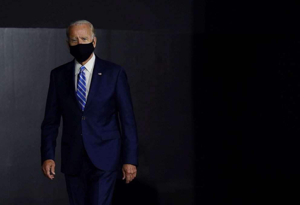 PHOTO: Democratic presidential candidate and former Vice President Joe Biden arrives to speak at a  "Build Back Better" Clean Energy event, July 14, 2020 at the Chase Center in Wilmington, Delaware.