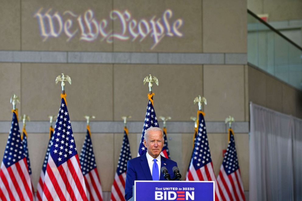 PHOTO: Democratic presidential nominee and former Vice President Joe Biden delivers remarks regarding the Supreme Court at the National Constitution Center in Philadelphia, Sept. 20, 2020.