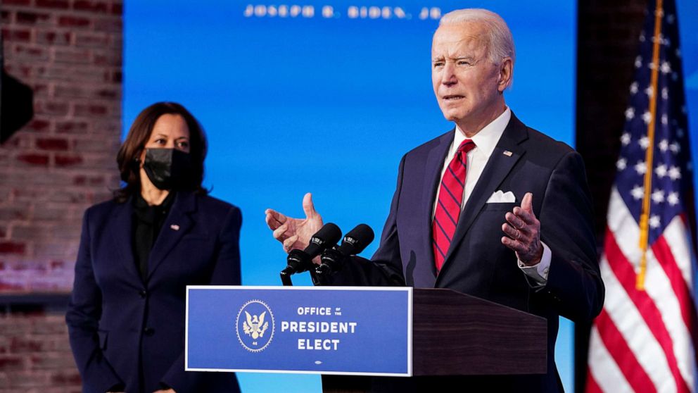 PHOTO: President-elect Joe Biden speaks about his plan to administer coronavirus disease vaccines as Vice President-elect Kamala Harris listens during a news conference at Biden's transition headquarters in Wilmington, Del., Jan. 15, 2021.