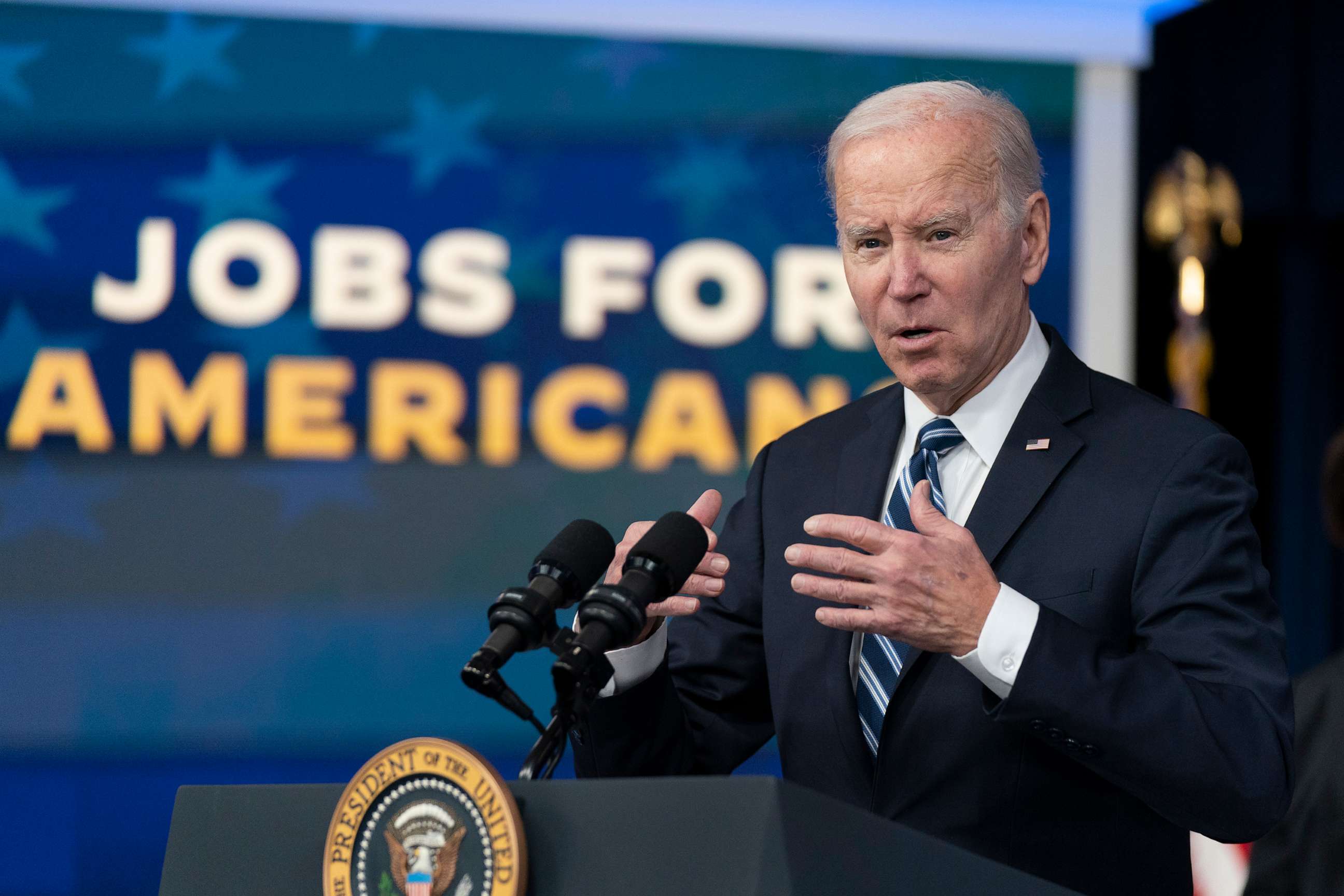 PHOTO: President Joe Biden speaks on the January jobs report in the Eisenhower Executive Office Building on the White House complex, Feb. 3, 2023, in Washington.