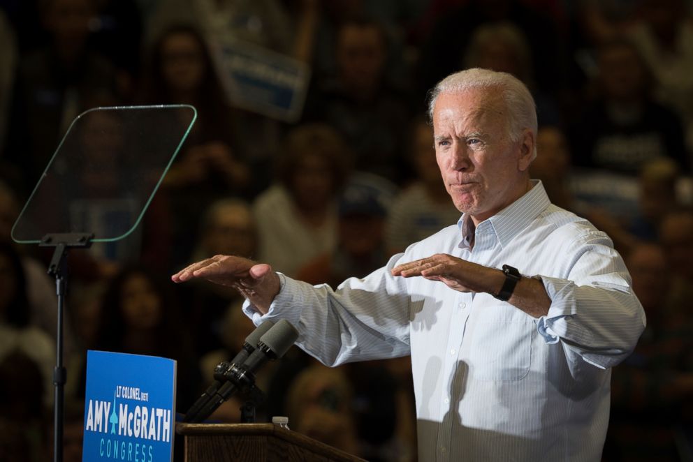 PHOTO: Former Vice President Joe Biden expresses during the campaign for Kentucky Democratic congressional candidate, Amy McGrath, in Owingsville, Kentucky on October 12, 2018.