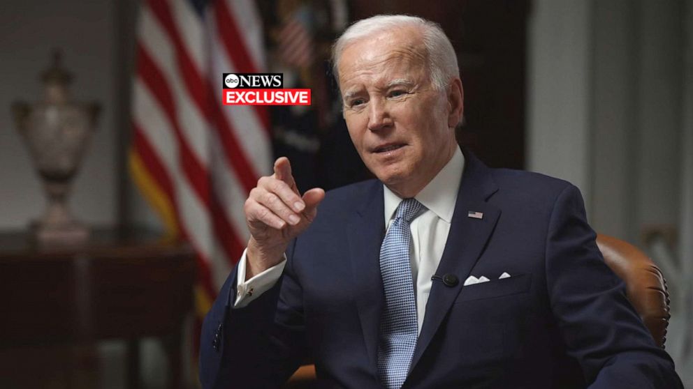 PHOTO: President Joe Biden speaks to ABC News "World News Tonight" anchor David Muir in an exclusive interview on Feb. 24, 2023