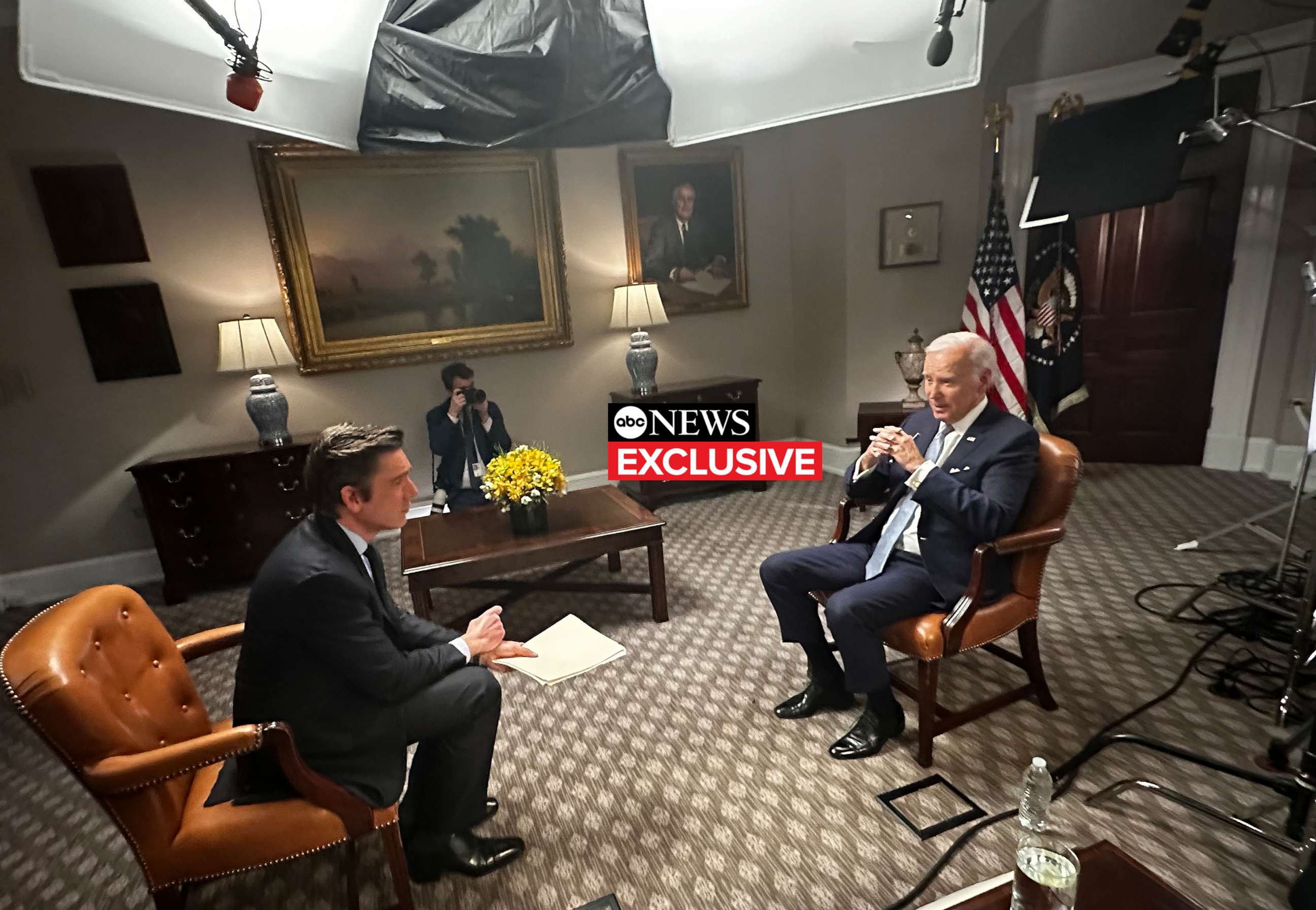 PHOTO: President Joe Biden speaks to ABC News "World News Tonight" anchor David Muir in an exclusive interview on Feb. 24, 2023.