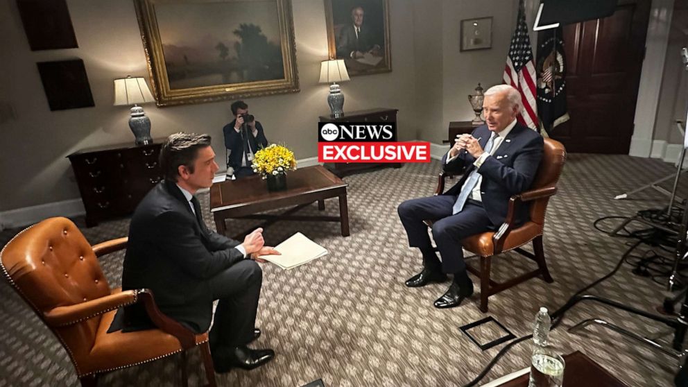 PHOTO: President Joe Biden speaks to ABC News "World News Tonight" anchor David Muir in an exclusive interview on Feb. 24, 2023.