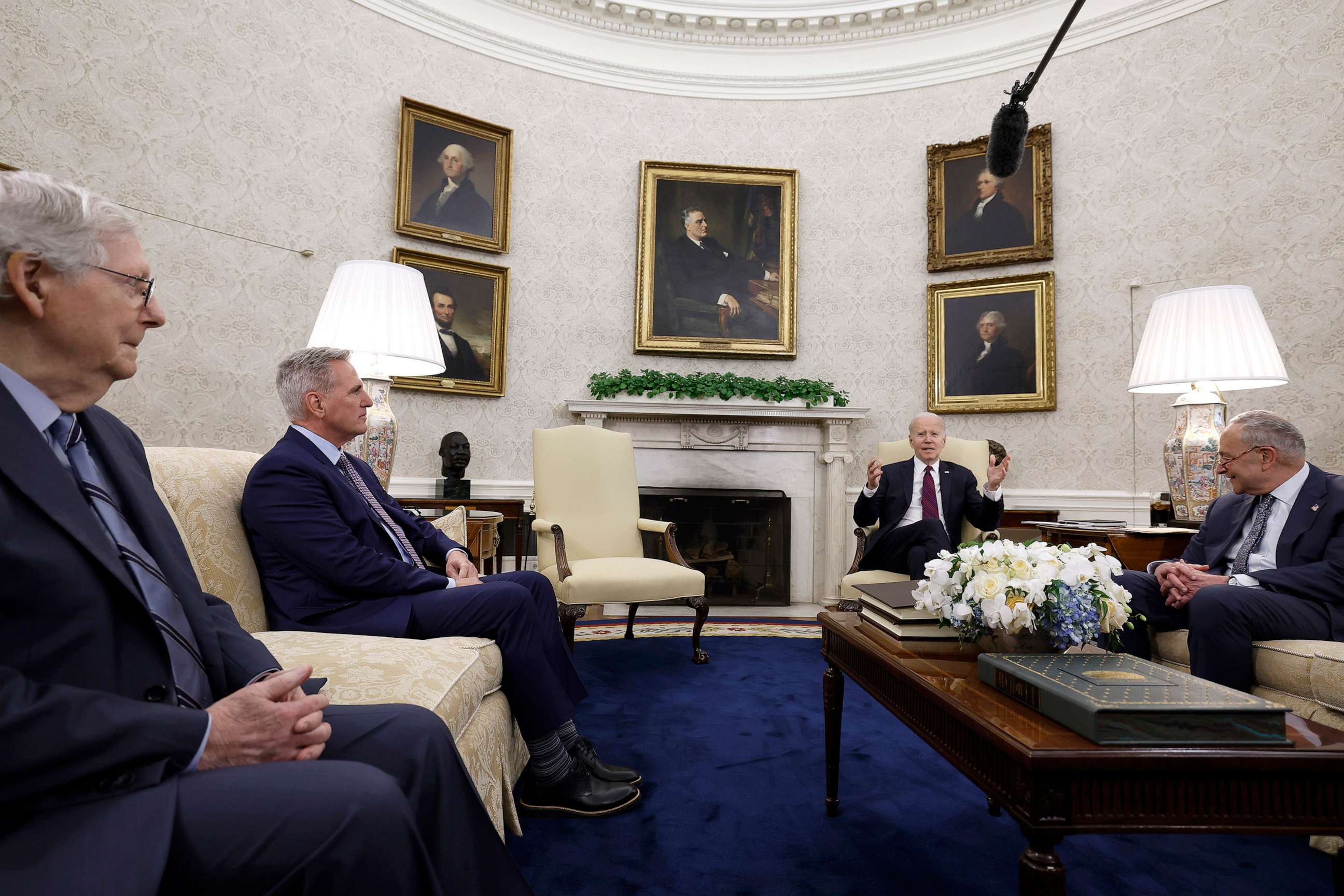PHOTO: U.S. Senate Minority Leader Mitch McConnell (R-KY), Speaker of the House Kevin McCarthy (R-CA), President Joe Biden, and Senate Majority Leader Chuck Schumer (D-NY) meet in the Oval Office of the White House, May 9, 2023, in Washington.