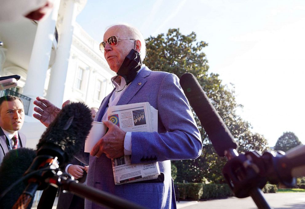 PHOTO: President Joe Biden speaks to the press as he departs the White House in Washington, Oct. 2, 2021.