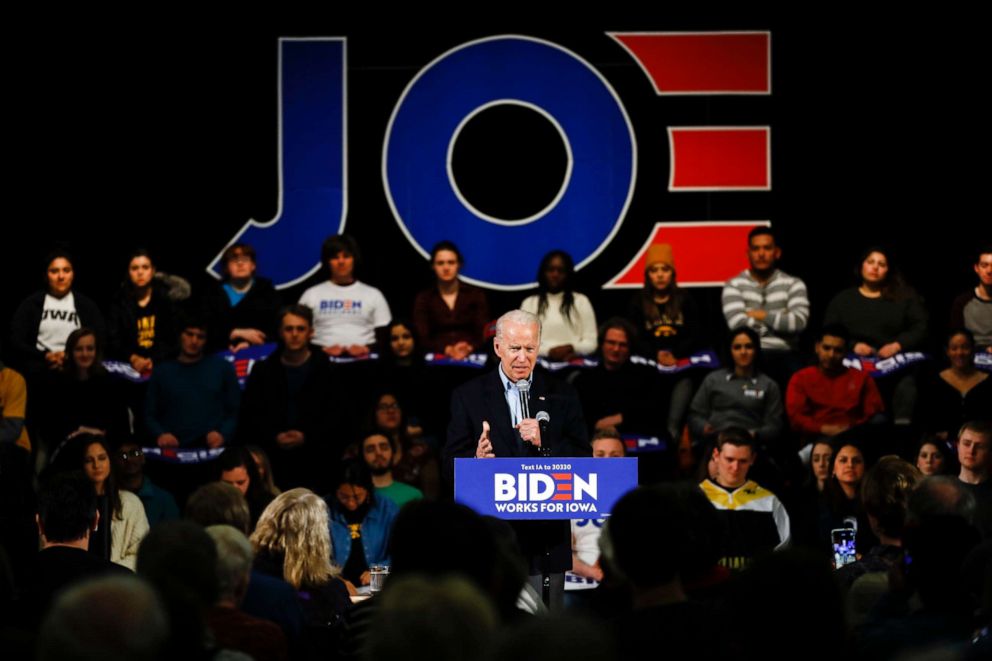 PHOTO: Democratic presidential candidate former Vice President Joe Biden speaks during a campaign event, Jan. 27, 2020, in Iowa City, Iowa.