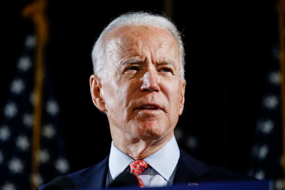 PHOTO: Democratic presidential candidate former Vice President Joe Biden speaks about the coronavirus Thursday, March 12, 2020, in Wilmington, Del.