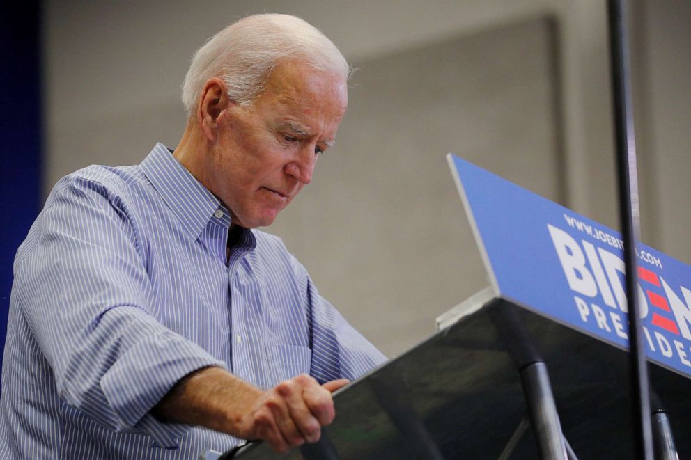 PHOTO: Democratic 2020 U.S. presidential candidate and former Vice President Joe Biden pauses while speaking at a campaign stop in Manchester, New Hampshire, May 13, 2019.