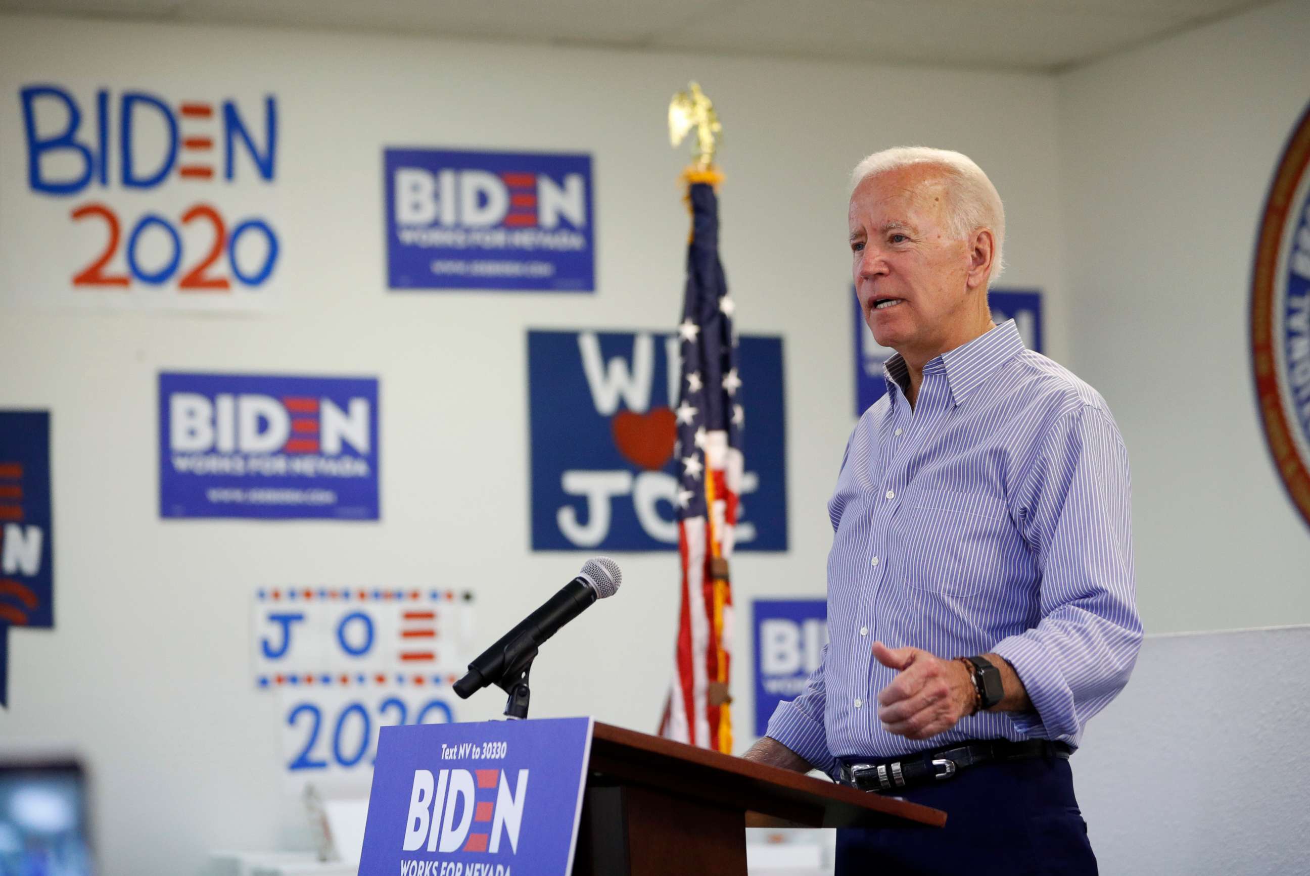 PHOTO: Former Vice President and Democratic presidential candidate Joe Biden speaks at a campaign event in an electrical workers union hall, July 20, 2019, in Las Vegas.