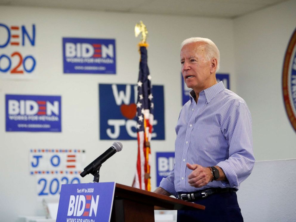 PHOTO: Former Vice President and Democratic presidential candidate Joe Biden speaks at a campaign event in an electrical workers union hall, July 20, 2019, in Las Vegas.