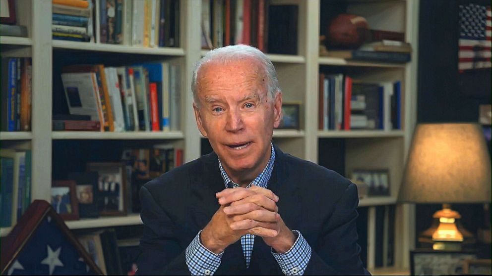 PHOTO: Democratic presidential candidate former Vice President Joe Biden speaks during a virtual press briefing, March 25, 2020.