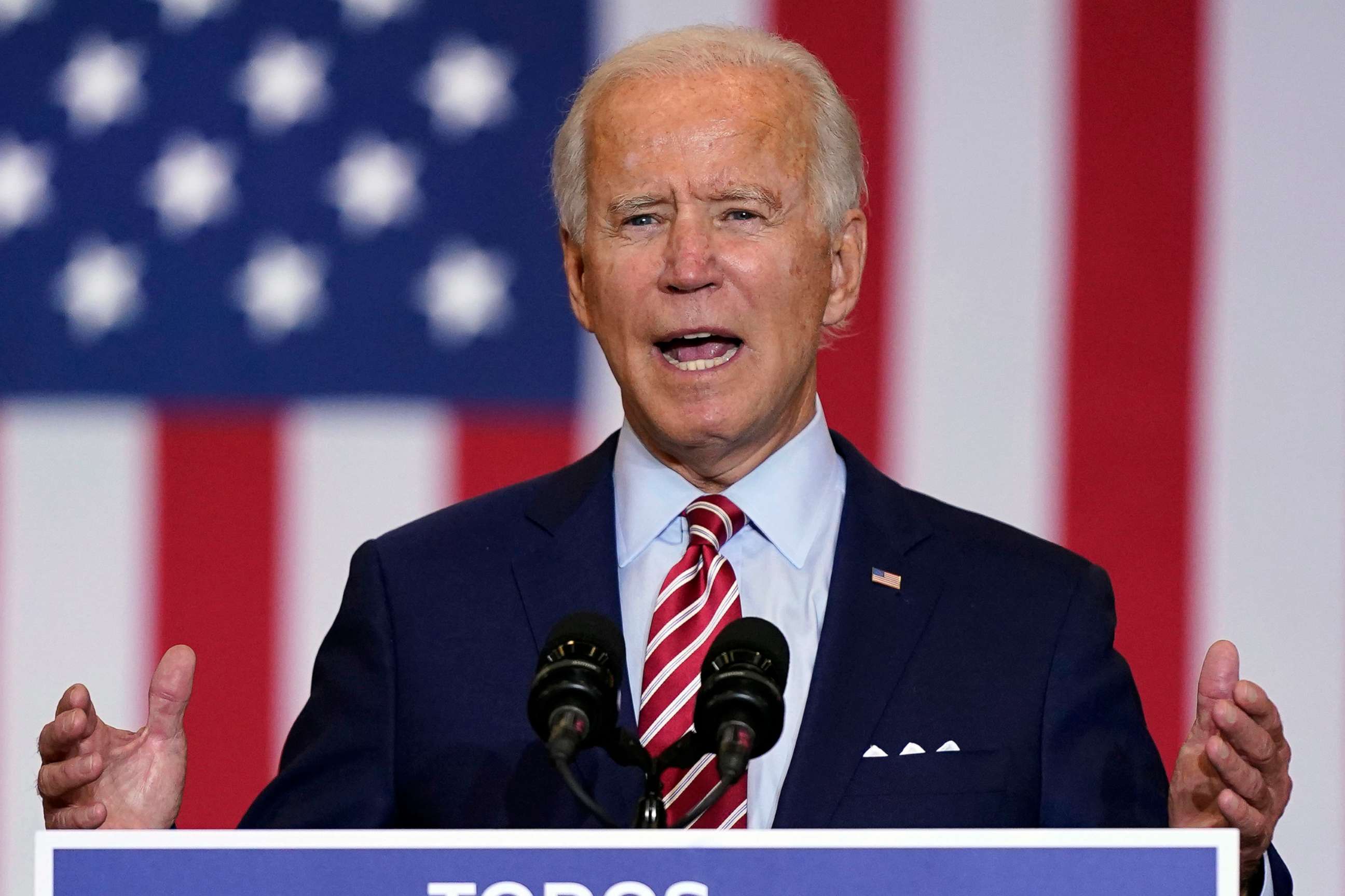 PHOTO: Democratic presidential candidate former Vice President Joe Biden speaks during a Hispanic Heritage Month event, Sept. 15, 2020, at Osceola Heritage Park in Kissimmee, Fla.