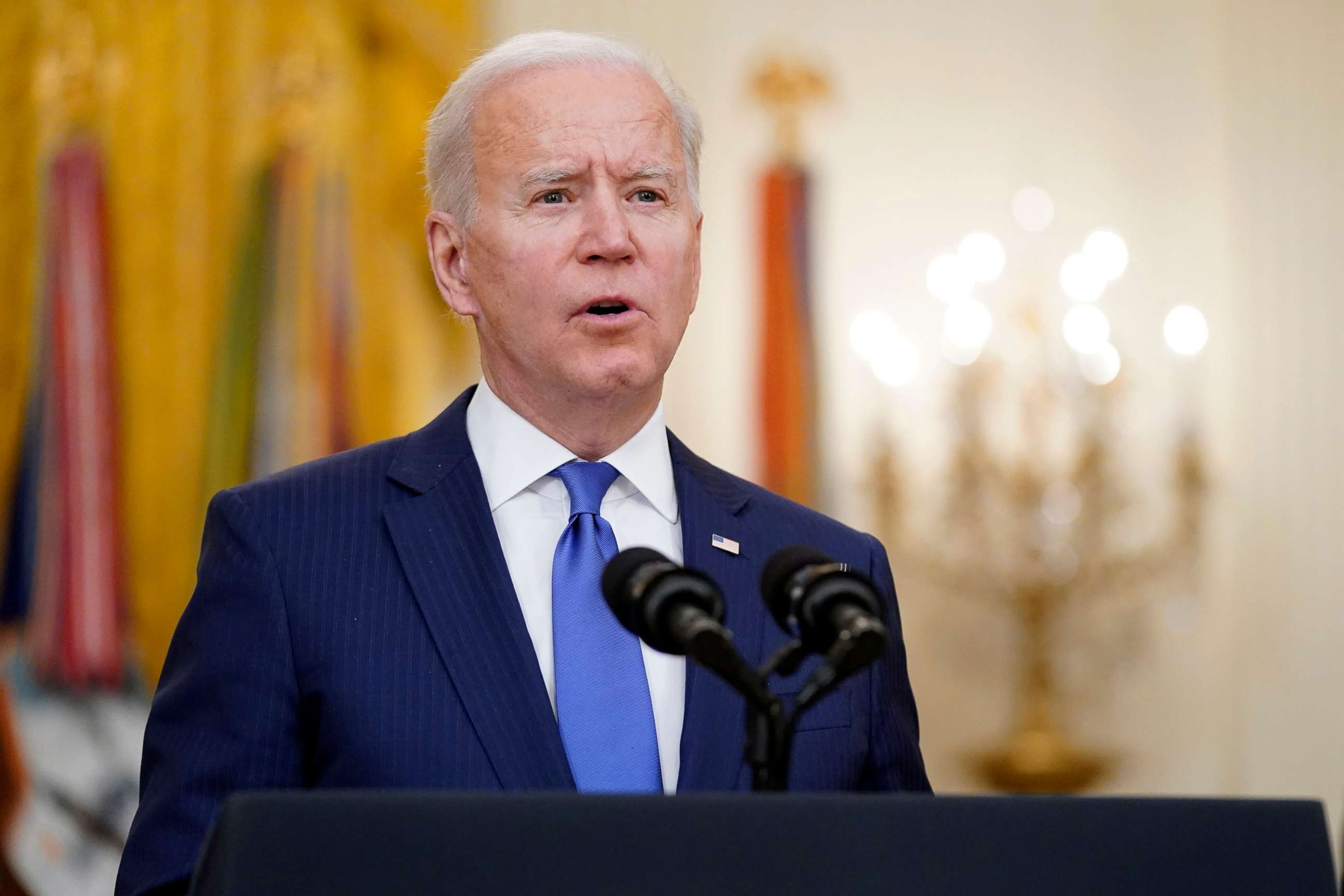 PHOTO: President Joe Biden speaks during an event to mark International Women's Day, March 8, 2021, in the East Room of the White House in Washington, D.C.