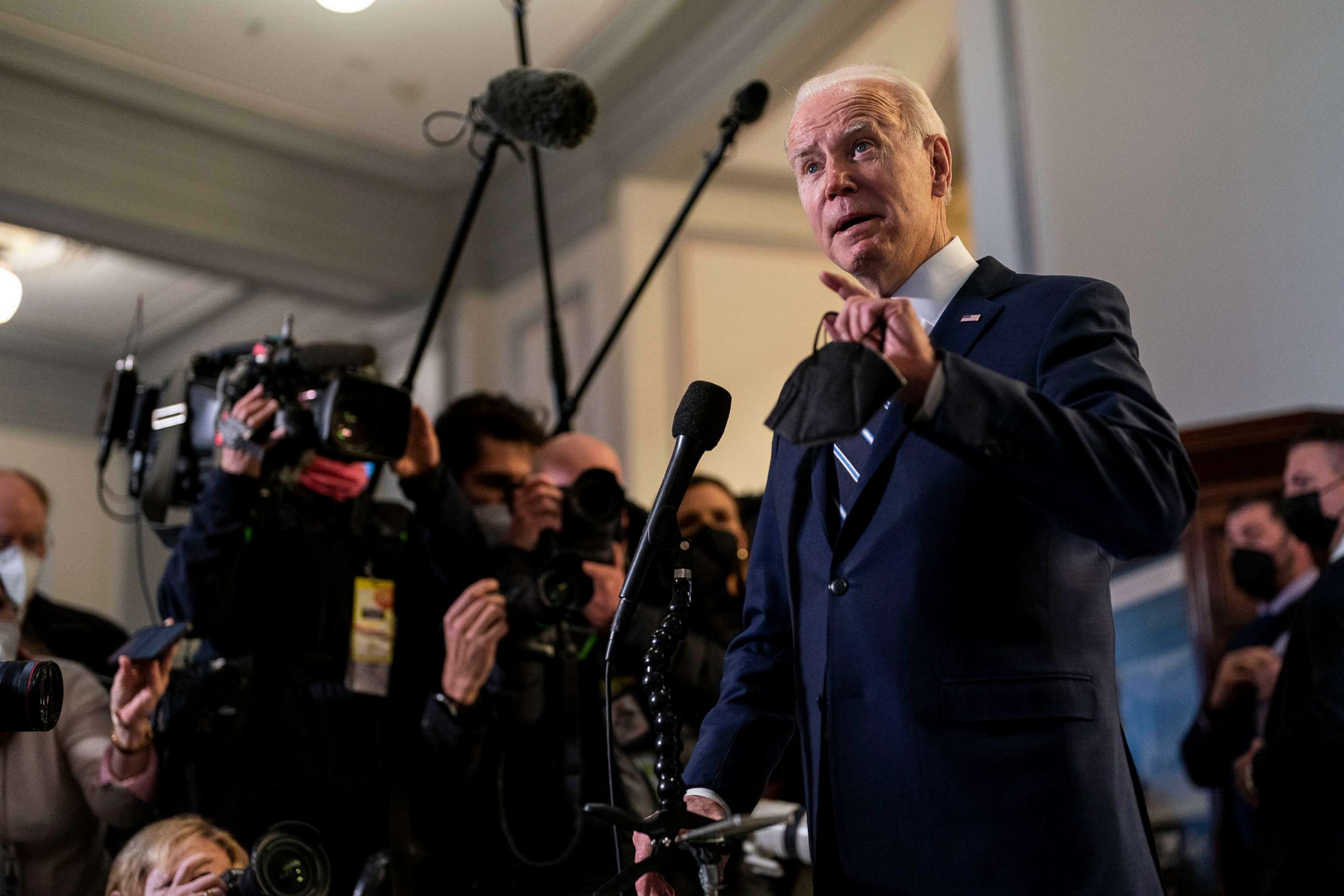 PHOTO: President Joe Biden speaks to the press after attending a meeting with the Senate Democratic Caucus on Capitol Hill, Jan. 13, 2022.