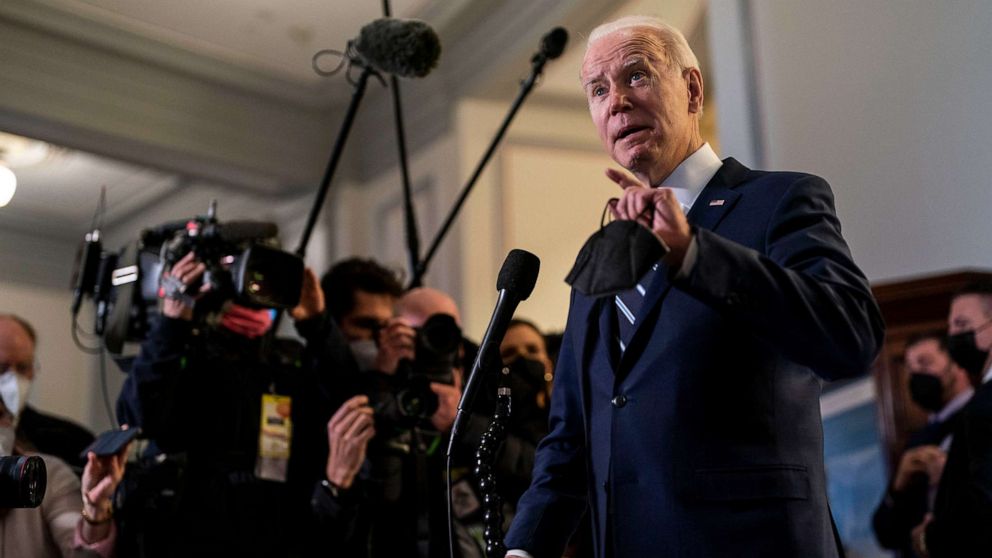 PHOTO: President Joe Biden speaks to the press after attending a meeting with the Senate Democratic Caucus on Capitol Hill, Jan. 13, 2022.
