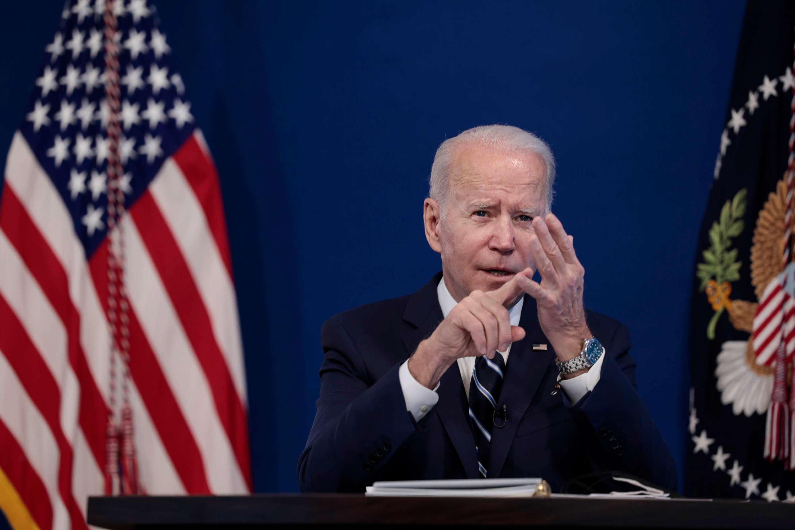 PHOTO: President Joe Biden gives remarks in the Eisenhower Executive Office Building in Washington,  Jan. 13, 2022.