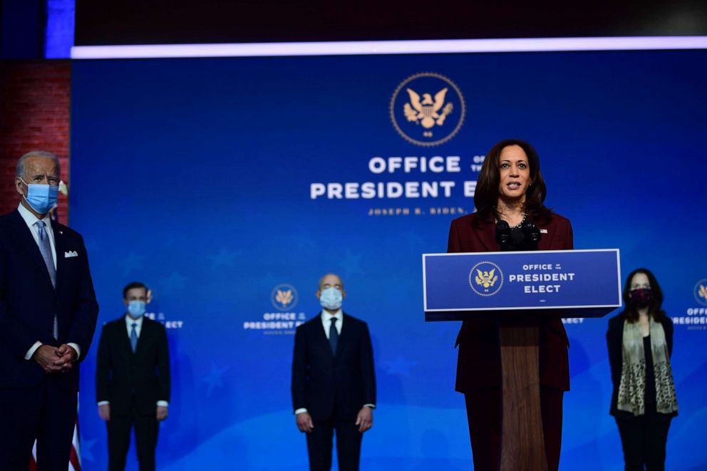PHOTO: Vice President-elect Kamala Harris speaks after President-elect Joe Biden introduced key foreign policy and national security nominees and appointments at the Queen Theatre on Nov. 24, 2020, in Wilmington, Del.