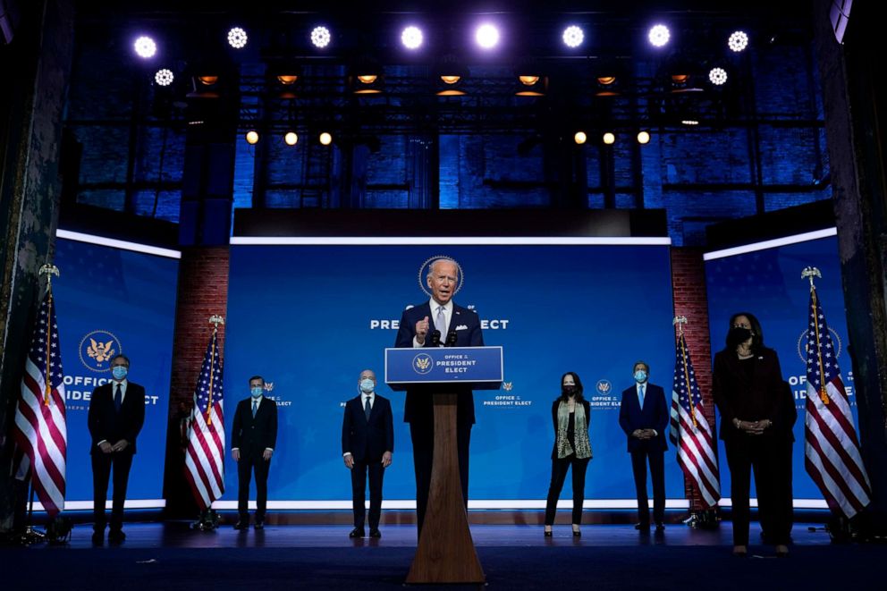 PHOTO: President-elect Joe Biden introduces his nominees and appointees to key national security and foreign policy posts at The Queen theater, Tuesday, Nov. 24, 2020, in Wilmington, Del.