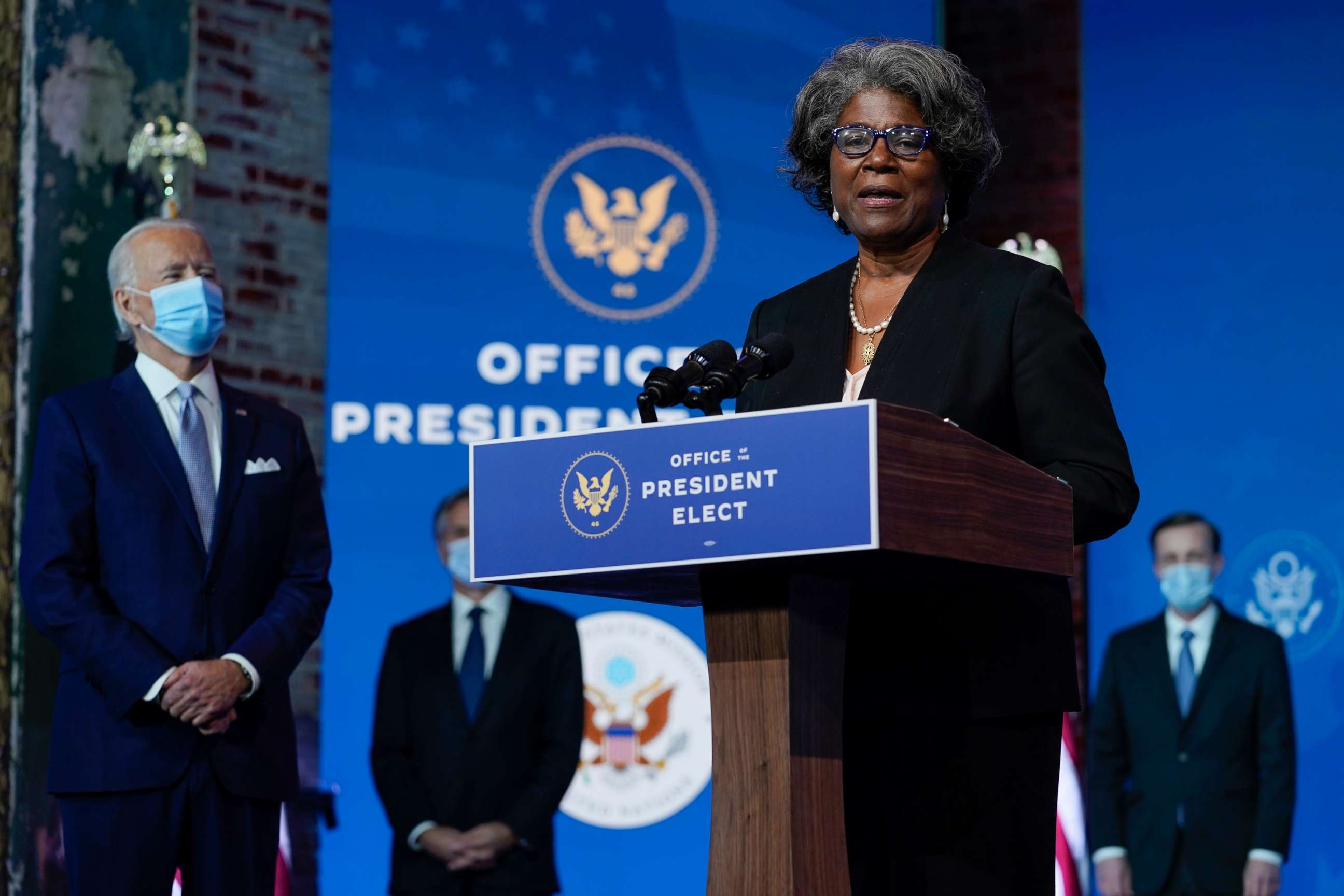 PHOTO: President-elect Joe Biden's U.S. Ambassador to the United Nations nominee Ambassador Linda Thomas-Greenfield speaks at The Queen theater, Nov. 24, 2020, in Wilmington, Del.