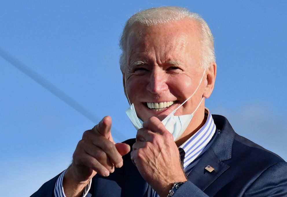 PHOTO: Democratic presidential nominee and former Vice President Joe Biden speaks at a Drive-In event with Bon Jovi at Dallas High School, Pennsylvania, Oct. 24, 2020.