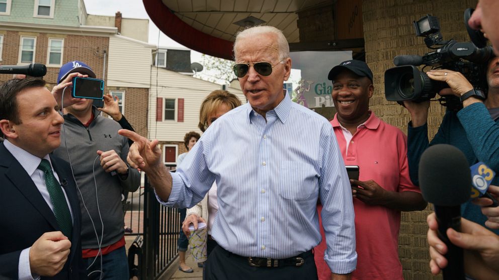 Democratic presidential candidate and former Vice President Joe Biden speaks outside of Gianni's Pizza, in Wilmington, Del., April 25, 2019.
