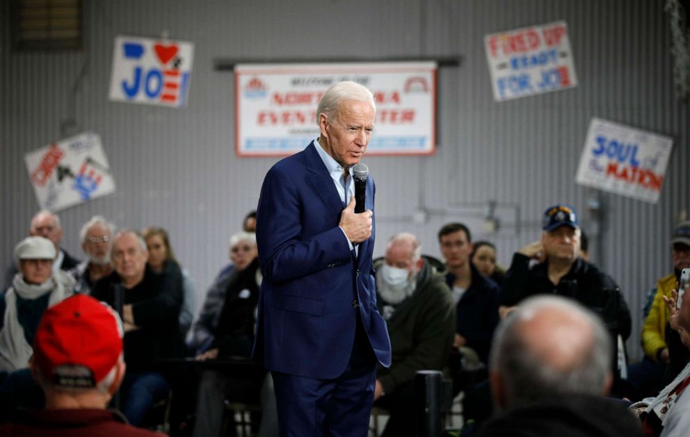 PHOTO: Democratic presidential candidate former Vice President Joe Biden speaks during a campaign event at the North Iowa Events Center, Jan. 22, 2020, in Mason City, Iowa.