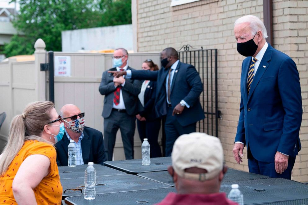 PHOTO: Democratic presidential candidate Joe Biden speaks about reopening the economy during a round table discussion at Carlettes Backyard Bar & Soul Food Restaurant in Yeadon, Pa., on June 17, 2020.