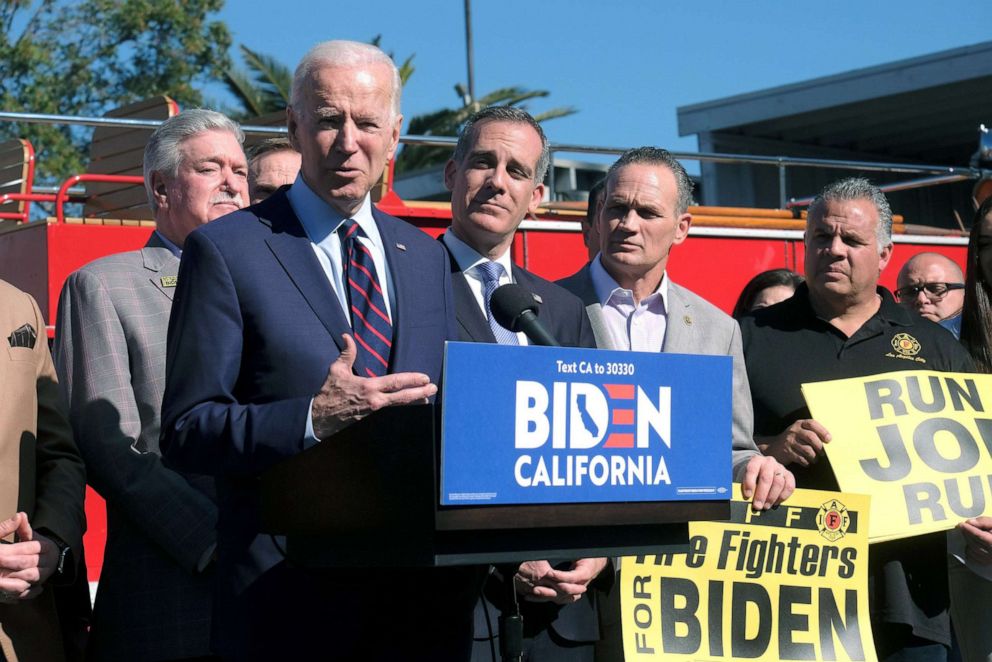 PHOTO: Democratic 2020 presidential candidate Joe Biden and Los Angeles Mayor Eric Garcetti visit the United Firefighters of Los Angeles City headquarters in Los Angeles, Jan. 10, 2020.